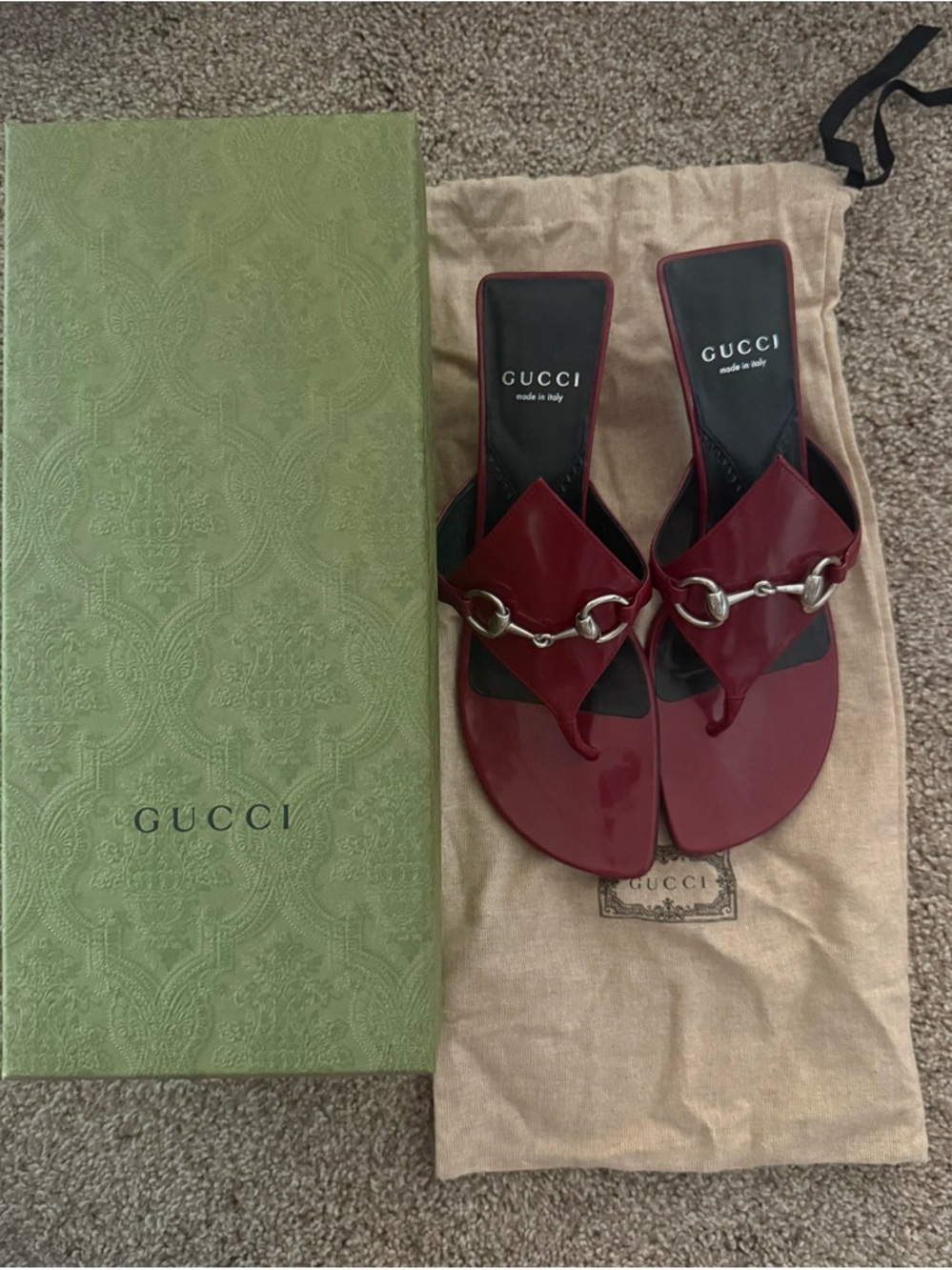 Gucci Burgundy Patent Leather Horsebit Thong Sandals